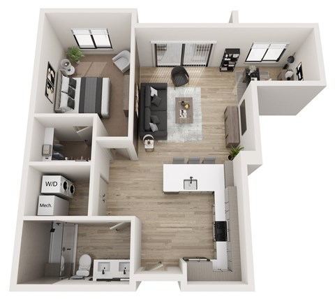 Floor plan for 1 bed, 1 bath, 881 sqft